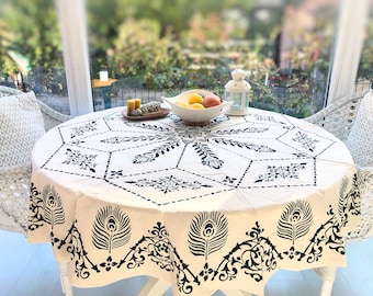 Feather Pattern Round Tablecloth: Turkish Cotton, Hand-Printed (67'')