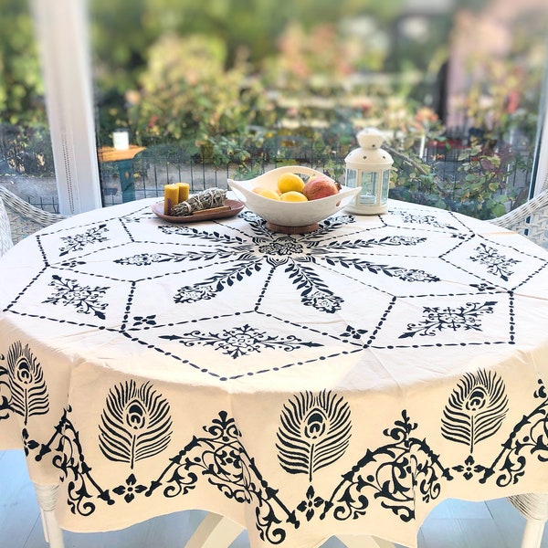 Feather Pattern Round Tablecloth: Turkish Cotton, Hand-Printed (67'')