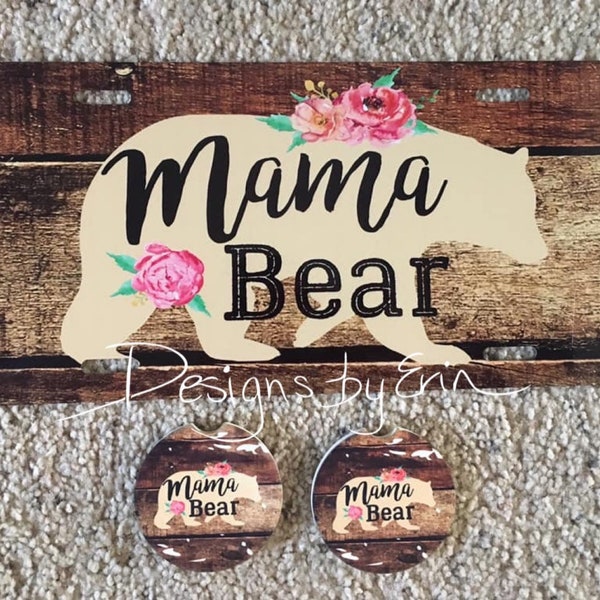 Mama Bear and Papa Bear License Plate and Car Coaster Set