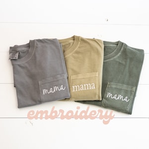 Custom Embroidered Pocket T-shirt, Embroidered Comfort Colors T shirt, Oversized Shirt Mimi Gift For Mom, Mama Embroidered Pocket Tee