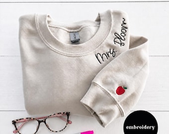 Embroidered Teacher Sweatshirt, Personalized Teacher Gift, Customized Embroidered Sweatshirt, Gift for Tutor, Apple Sleeve Custom Sweater