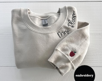 Geborduurd lerarensweater, gepersonaliseerd leraarscadeau, aangepast geborduurd sweatshirt, cadeau voor docent, aangepaste trui Apple Sleeve