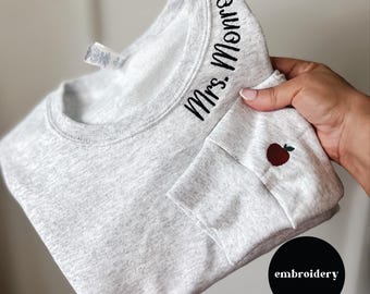 Embroidered Teacher Sweatshirt, Personalized Teacher Gift, Customized school Sweatshirt, Gift for Tutor, Apple Sleeve Custom Sweater