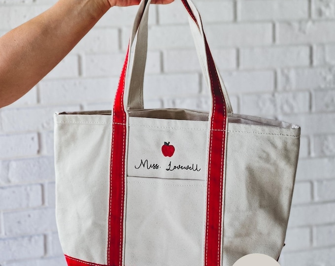Personalized Teacher Tote Bag – Custom Embroidered Teacher Gift with Name and Apple, Canvas Teacher Appreciation Bag