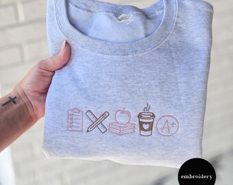Geborduurd lerarensweater, leraar pictogrammen cadeau, aangepast geborduurd sweatshirt, cadeau voor docent, lerarenassistent aangepaste trui