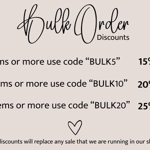 The image is a promotional graphic for bulk order discounts. It features a list of discounts for bulk orders, including 5 items or more use code "BULK5", 10 items or more use code "BULK10", and 20 items or more use code "BULK20". The text indicates that all discounts will replace any sale made in the shop, and the image is a collage of multiple images.