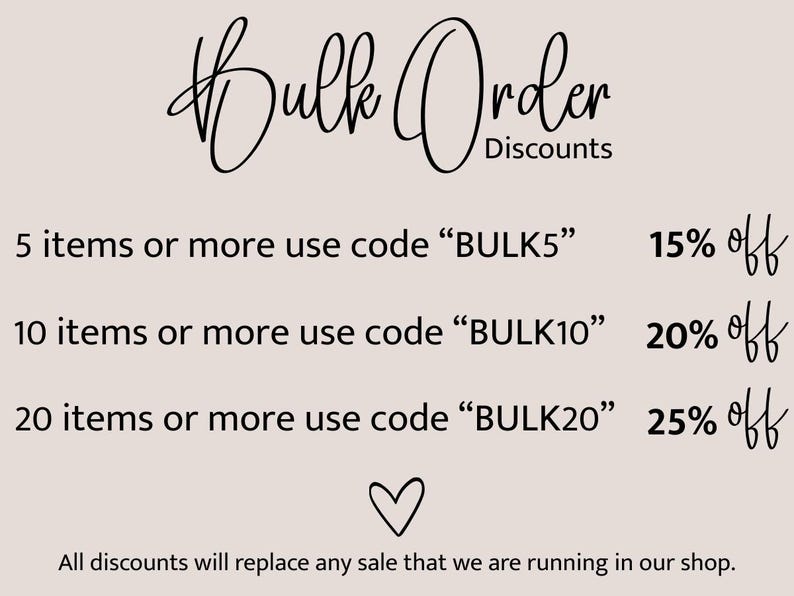 The image is a promotional graphic for bulk order discounts. It features a list of discounts for bulk orders, including 5 items or more use code "BULK5", 10 items or more use code "BULK10", and 20 items or more use code "BULK20". The text indicates that all discounts will replace any sale made in the shop, and the image is a collage of multiple images.