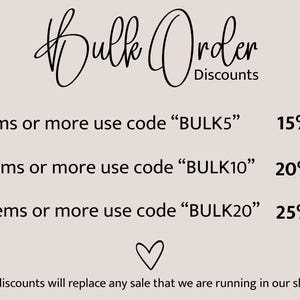 The image is a promotional graphic for bulk order discounts. It features a list of discounts for bulk orders, including 5 items or more use code "BULK5", 10 items or more use code "BULK10", and 20 items or more use code "BULK20". The text indicates that all discounts will replace any sale made in the shop, and the image is a collage of multiple images.