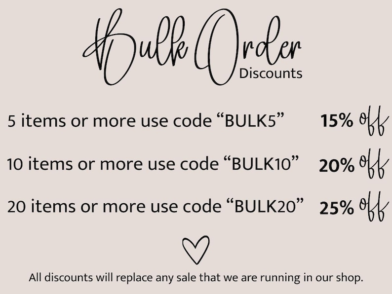 The image is a promotional graphic for bulk order discounts. It features a list of discounts for bulk orders, including 5 items or more use code "BULK5", 10 items or more use code "BULK10", and 20 items or more use code "BULK20". The text indicates that all discounts will replace any sale made in the shop, and the image is a collage of multiple images.