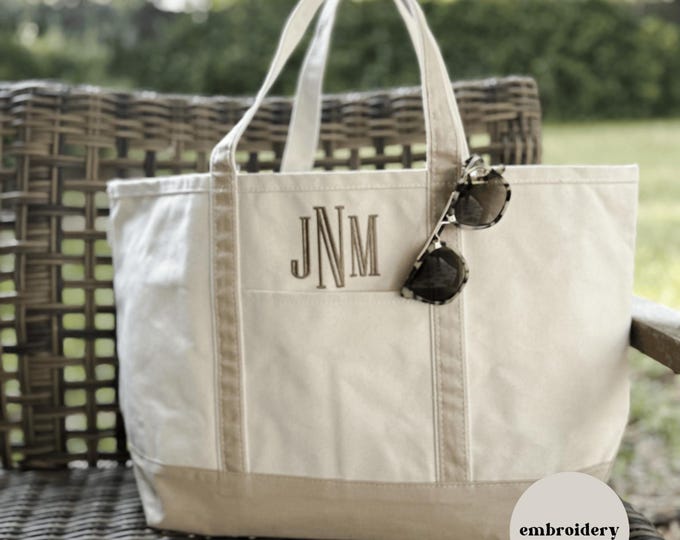 Personalized Canvas Tote Bag with Monogram - Custom Embroidered Initials - Large Everyday Carryall Beach, Travel & Gift Bag