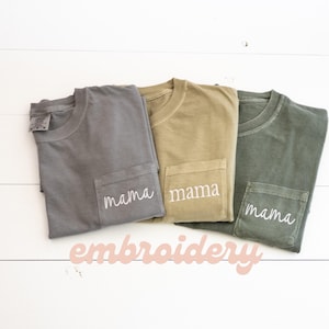 Custom Embroidered Pocket T-shirt, Embroidered Comfort Colors T shirt, Oversized Shirt Mimi Gift For Mom, Mama Embroidered Pocket Tee