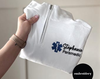 EMT EMS Quarter-Zip Sweater with Name - Thank Your Hero in Style, Embroidered Paramedic Sweatshirt,  star of life with name, first responder