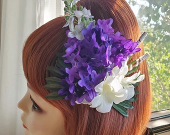 Purple & White Tiki Vintage Pinup 1940s 1950s 1960s Hair Flower Wedding Hair Flower Set Rockabilly Bachelorette Hair Accessories Hair Clip