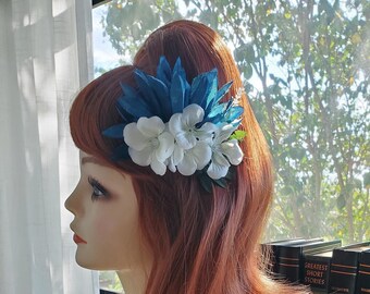Blue & White Wedding Vintage Pinup 1940s 1950s 1960s Hair Flower Tiki Hair Flower Rockabilly Bachelorette Hair Accessories Hair Clips