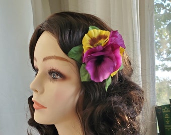 Purple Yellow Pansy Wedding Vintage Pinup 1940s 1950s 1960s Hair Flower Tiki Hair Flower Rockabilly Bachelorette Hair Accessories Hair Clip
