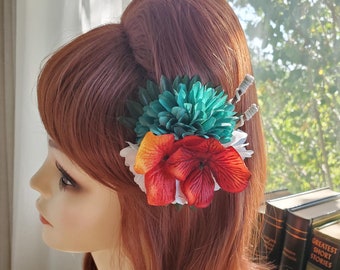 Teal Orange & White Tiki Wedding Vintage Pinup 1940s 1950s 1960s Hair Flower Hair Flower Rockabilly Tropical Hair Accessories Hair Clips