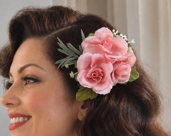 Pink Rose Trio Wedding Hair Flower Vintage Pinup 1940s 1950s 1960s Prom Flower Rockabilly Bachelorette Hair Accessories Hair Clips