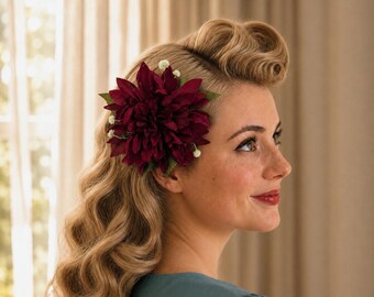 Burgundy Fall Dahlia Hair Flower Rockabilly Wedding Bachelorette Hair Accessories Wedding Hair Clips Vintage Pinup 1940s 1950s 1960s