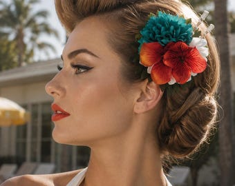Teal Orange & White Tiki Wedding Vintage Pinup 1940s 1950s 1960s Hair Flower Hair Flower Rockabilly Tropical Hair Accessories Hair Clips