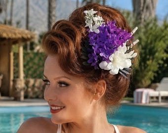 Purple & White Tiki Vintage Pinup 1940s 1950s 1960s Hair Flower Wedding Hair Flower Set Rockabilly Bachelorette Hair Accessories Hair Clip