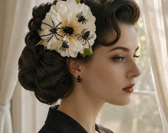 White Halloween Vintage Pinup 1940s 1950s 1960s Cosmo Hair Flower w/ Spiders Rockabilly Gothic Hair Accessories Wedding Hair Clips Cosplay
