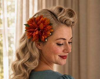 Orange Summer Fall Dahlia Hair Flower Rockabilly Wedding Bachelorette Hair Accessories Wedding Hair Clips Vintage Pinup 1940s 1950s 1960s