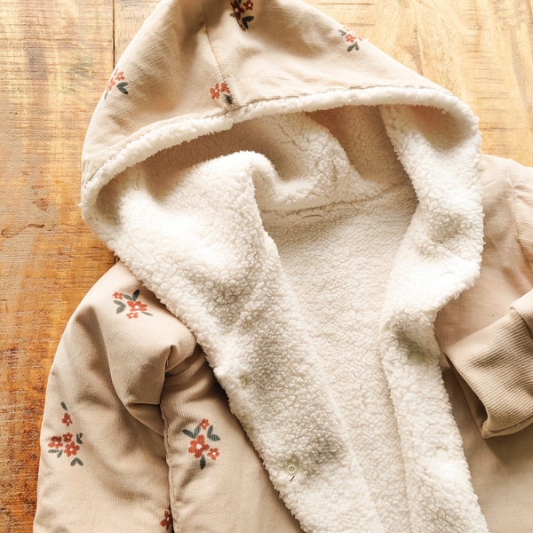 Teddy fleece & needlecord jacket in beige with flowers, sherpa jacket, baby and toddler jacket, teddy fleece coat, baby corduroy jacket