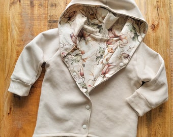 Spring waffle cotton jacket with floral lining. Fully reversible jacket, double layer, hooded windbreaker. Baby & toddler jacket, handmade