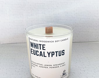 EUCALIPTO BLANCO / Velas de soja natural / Velas de mecha de madera / Velas vertidas a mano / Velas no tóxicas / Los mejores regalos / Regalo de vacaciones