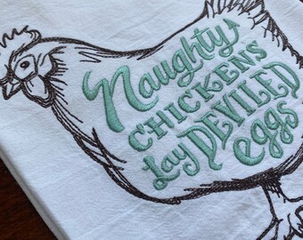 naughty chickens lay deviled eggs but coffee first vintage ball jar Embroidered tea towels embroidered flour sack towels
