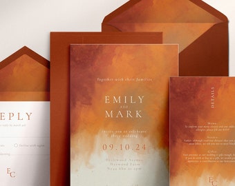 Burnt Orange Wedding Invitation Suite Sample, Terracotta Wedding Invitation, Watercolour Wedding Invitations, Wedding Sample