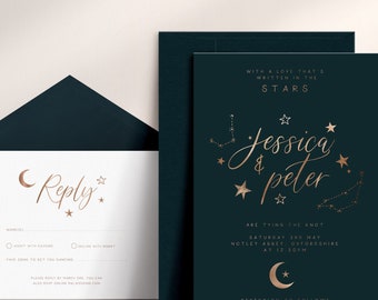 Two-piece Celestial Wedding Invitation Set with RSVP, Moon & Stars, Rose Gold Foil, Starry, foil Invite, Starry Night Wedding, Galaxy