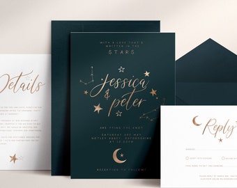 3-piece Celestial Wedding Invitation Suite, Moon & Stars, Rose Gold Foil, Constellation Invite, Starry Night Wedding, Galaxy, RSVP, Details