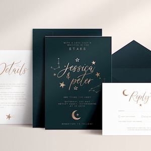 3-piece Celestial Wedding Invitation Suite, Moon & Stars, Rose Gold Foil, Constellation Invite, Starry Night Wedding, Galaxy, RSVP, Details