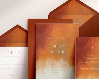 3-piece Burnt Orange Wedding Invitation Suite, Terracotta Wedding Invitation, Watercolour Wedding Invitations, Rust Wedding, Autumn, Fall