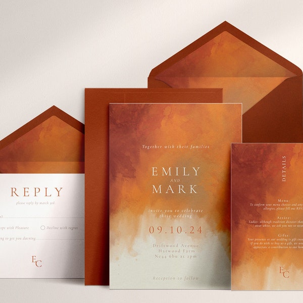 3-piece Burnt Orange Wedding Invitation Suite, Terracotta Wedding Invitation, Watercolour Wedding Invitations, Rust Wedding, Autumn, Fall