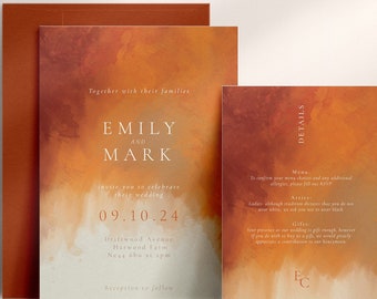 2-piece Burnt Orange Wedding Invitation + Details Card, Terracotta Wedding, Watercolour Wedding Invitations, Rust Wedding, Autumn, Fall