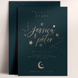 Invitation de mariage céleste, invitation de feuille d'or rose, mariage de galaxie, invitation de mariage de lune, invitation de mariage d'étoiles, carte d'étoiles personnalisée