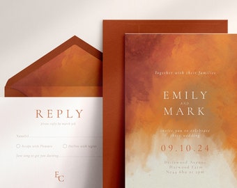 2-piece Burnt Orange Wedding Invitation + RSVP, Terracotta Wedding, Watercolour Wedding Invitations, Rust Wedding, Autumn, Fall