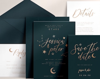 3-piece Celestial Wedding Invitation Suite Sample, Moon & Stars, Rose Gold Foil, Constellation Invite, Starry Night Wedding Wedding Sample