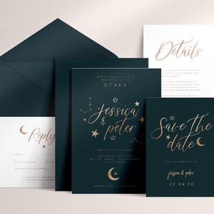 3-piece Celestial Wedding Invitation Suite Sample, Moon & Stars, Rose Gold Foil, Constellation Invite, Starry Night Wedding Wedding Sample image 1