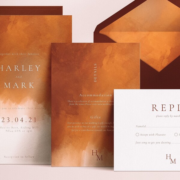 Burnt Orange Wedding Invitation Suite Sample, Terracotta Wedding Invitation, Watercolour Wedding Invitations, Wedding Samples