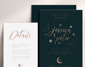 Two-piece Celestial Wedding Invitation Set with Details Card, Moon & Stars, Rose Gold Foil, Starry, foil Invite, Starry Night Wedding
