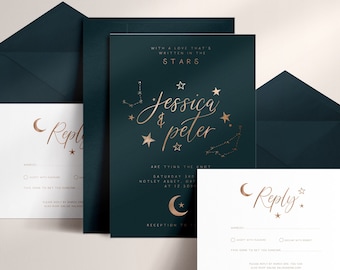 Two-piece Celestial Wedding Invitation Set with RSVP, Moon & Stars, Rose Gold Foil, Starry, foil Invite, Starry Night Wedding, Galaxy
