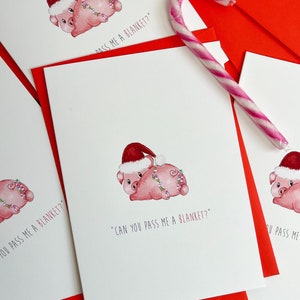 Confezione da 5 biglietti Pig in Blanket! Confezione di biglietti di Natale illustrati, biglietti di Natale carini, biglietti di auguri, biglietti umoristici, biglietti con animali