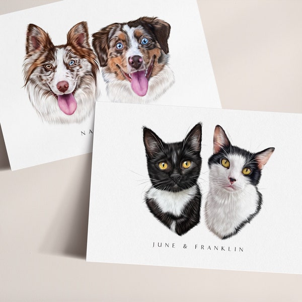 Hand Drawn, Joint Pet Portrait for multiple pets! Maximum of 4, Pet Memorial, Gift for Pet owners