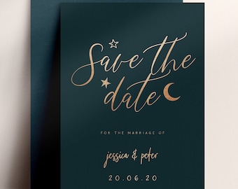 Celestial Save The Date, Rose Gold Foil Save The Date, Moon & Stars, Starry Night wedding, zodiac wedding, Night Sky Save the Date
