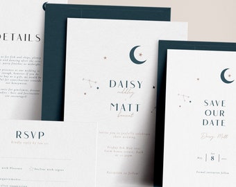 Celestial Wedding Invitation Suite, Moon & Stars, Star Map, Constellation Invite, Save The Date, Starry Night Wedding, Simple Wedding Invite