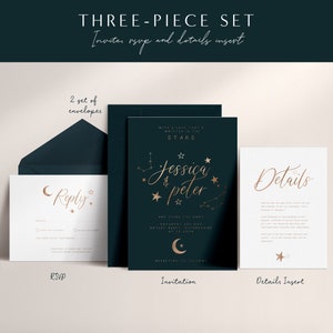 3-piece Celestial Wedding Invitation Suite Sample, Moon & Stars, Rose Gold Foil, Constellation Invite, Starry Night Wedding Wedding Sample image 8