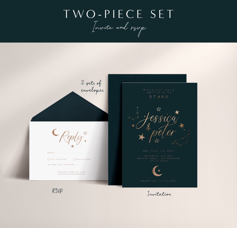 3-piece Celestial Wedding Invitation Suite Sample, Moon & Stars, Rose Gold Foil, Constellation Invite, Starry Night Wedding Wedding Sample image 7